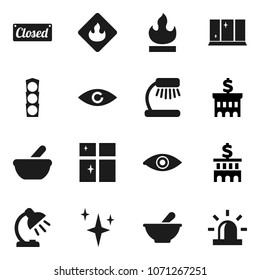 Flat vector icon set - shining vector, window, table lamp, bank building, traffic light, flammable, eye, mortar, closed, siren