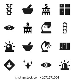 Flat vector icon set - shining vector, window, table lamp, bank building, traffic light, flammable, eye, mortar, siren