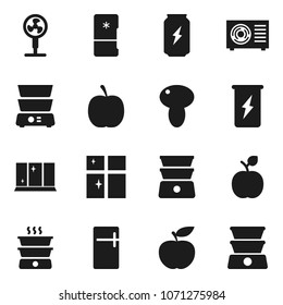 Flat vector icon set - shining window vector, double boiler, mushroom, apple fruit, diet, enegry drink, ari condition, fridge, fan