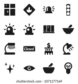 Flat vector icon set - shining vector, window, table lamp, bank building, traffic light, flammable, eye, mortar, siren, closed, bulb