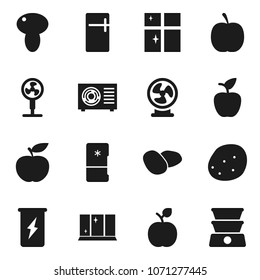 Flat vector icon set - shining window vector, mushroom, potato, apple fruit, diet, enegry drink, ari condition, fridge, fan, double boiler