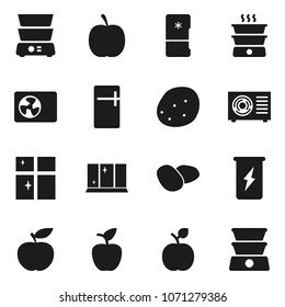 Flat vector icon set - shining window vector, double boiler, potato, apple fruit, diet, enegry drink, ari condition, fridge