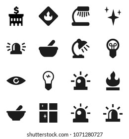 Flat vector icon set - shining vector, window, table lamp, bank building, flammable, eye, mortar, siren, bulb