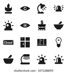 Flat vector icon set - shining window vector, table lamp, bank building, flammable, eye, mortar, siren, closed, bulb