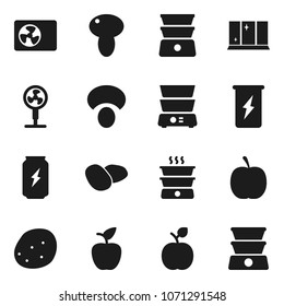 Flat vector icon set - shining window vector, double boiler, mushroom, potato, apple fruit, diet, enegry drink, ari condition, fan