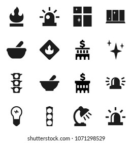 Flat vector icon set - shining vector, window, table lamp, bank building, traffic light, flammable, mortar, siren, bulb