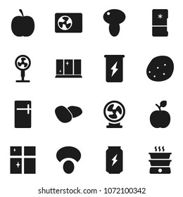 Flat vector icon set - shining window vector, mushroom, potato, apple fruit, diet, enegry drink, ari condition, fridge, fan, double boiler