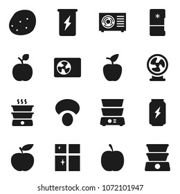 Flat vector icon set - shining window vector, double boiler, mushroom, potato, apple fruit, diet, enegry drink, ari condition, fridge, fan