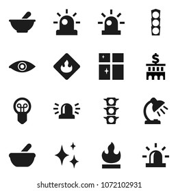Flat vector icon set - shining vector, window, table lamp, bank building, traffic light, flammable, eye, mortar, siren, bulb