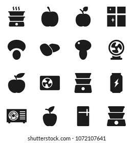 Flat vector icon set - shining window vector, double boiler, mushroom, potato, apple fruit, diet, enegry drink, ari condition, fridge, fan