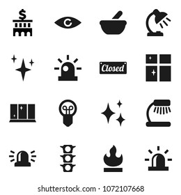 Flat vector icon set - shining vector, window, table lamp, bank building, traffic light, flammable, eye, mortar, siren, closed, bulb