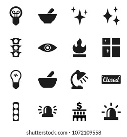 Flat vector icon set - shining vector, window, table lamp, bank building, traffic light, flammable, eye, mortar, siren, closed, bulb