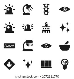 Flat vector icon set - shining vector, window, table lamp, bank building, traffic light, flammable, eye, mortar, siren, closed, bulb