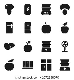 Flat vector icon set - shining window vector, double boiler, mushroom, potato, apple fruit, diet, enegry drink, fridge, fan