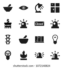 Flat vector icon set - shining window vector, table lamp, bank building, traffic light, flammable, eye, mortar, siren, closed, bulb