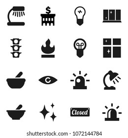 Flat vector icon set - shining vector, window, table lamp, bank building, traffic light, flammable, eye, mortar, siren, closed, bulb