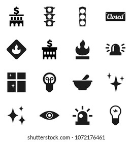 Flat vector icon set - shining vector, window, bank building, traffic light, flammable, eye, mortar, siren, closed, bulb
