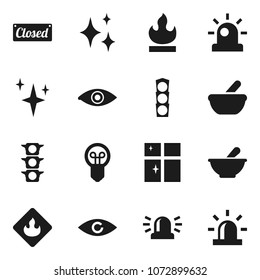 Flat vector icon set - shining vector, window, traffic light, flammable, eye, mortar, siren, closed, bulb