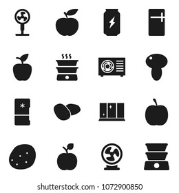 Flat vector icon set - shining window vector, mushroom, potato, apple fruit, diet, enegry drink, ari condition, fridge, fan, double boiler