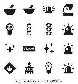Flat vector icon set - shining vector, table lamp, bank building, traffic light, flammable, mortar, siren, closed, bulb