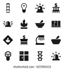 Flat vector icon set - shining window vector, table lamp, bank building, traffic light, flammable, mortar, siren, bulb