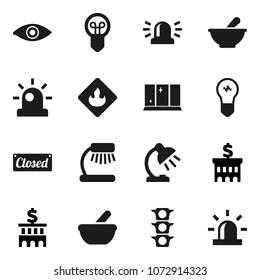 Flat vector icon set - shining window vector, table lamp, bank building, traffic light, flammable, eye, mortar, siren, closed, bulb