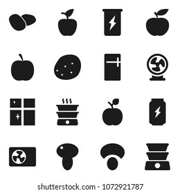 Flat vector icon set - shining window vector, mushroom, potato, apple fruit, diet, enegry drink, ari condition, fridge, fan, double boiler