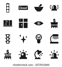 Flat vector icon set - shining vector, window, table lamp, bank building, traffic light, eye, mortar, siren, closed, bulb