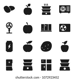 Flat vector icon set - shining window vector, double boiler, potato, apple fruit, diet, enegry drink, ari condition, fridge, fan