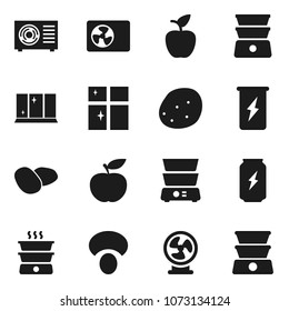 Flat vector icon set - shining window vector, double boiler, mushroom, potato, apple fruit, diet, enegry drink, ari condition, fan