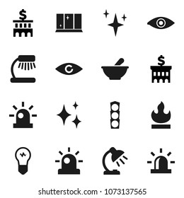 Flat vector icon set - shining vector, window, table lamp, bank building, traffic light, flammable, eye, mortar, siren, bulb