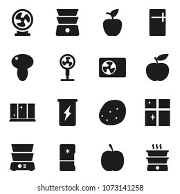 Flat vector icon set - shining window vector, double boiler, mushroom, potato, apple fruit, diet, enegry drink, ari condition, fridge, fan