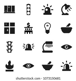 Flat vector icon set - shining window vector, table lamp, bank building, traffic light, flammable, eye, mortar, siren, bulb