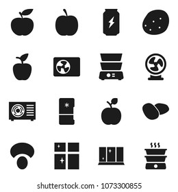 Flat vector icon set - shining window vector, double boiler, mushroom, potato, apple fruit, diet, enegry drink, ari condition, fridge, fan