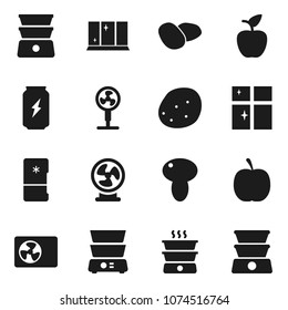 Flat vector icon set - shining window vector, double boiler, mushroom, potato, apple fruit, diet, enegry drink, ari condition, fridge, fan