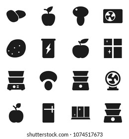 Flat vector icon set - shining window vector, double boiler, mushroom, potato, apple fruit, diet, enegry drink, ari condition, fridge, fan