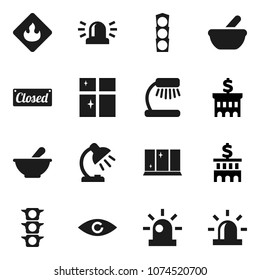 Flat vector icon set - shining window vector, table lamp, bank building, traffic light, flammable, eye, mortar, siren, closed