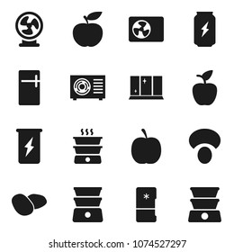 Flat vector icon set - shining window vector, double boiler, mushroom, potato, apple fruit, diet, enegry drink, ari condition, fridge, fan
