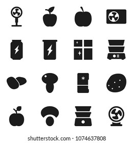 Flat vector icon set - shining window vector, double boiler, mushroom, potato, apple fruit, diet, enegry drink, ari condition, fridge, fan