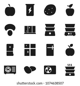 Flat vector icon set - shining window vector, double boiler, mushroom, potato, apple fruit, diet, enegry drink, ari condition, fridge