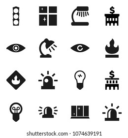 Flat vector icon set - shining window vector, table lamp, bank building, traffic light, flammable, eye, siren, bulb
