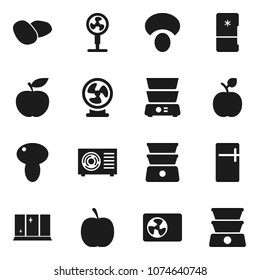 Flat vector icon set - shining window vector, double boiler, mushroom, potato, apple fruit, diet, ari condition, fridge, fan