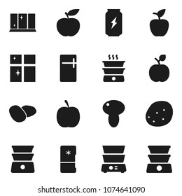 Flat vector icon set - shining window vector, double boiler, mushroom, potato, apple fruit, diet, enegry drink, fridge