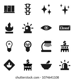 Flat vector icon set - shining vector, window, table lamp, bank building, traffic light, flammable, eye, mortar, siren, closed, bulb