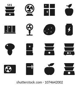 Flat vector icon set - shining window vector, double boiler, mushroom, potato, apple fruit, diet, enegry drink, ari condition, fridge, fan