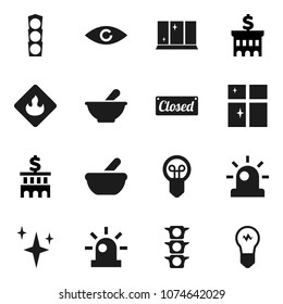 Flat vector icon set - shining vector, window, bank building, traffic light, flammable, eye, mortar, siren, closed, bulb