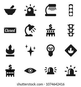Flat vector icon set - shining vector, table lamp, bank building, traffic light, flammable, eye, mortar, siren, closed, bulb