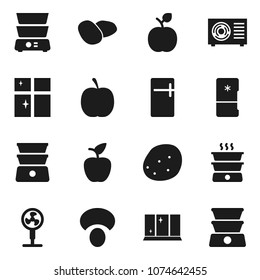 Flat vector icon set - shining window vector, double boiler, mushroom, potato, apple fruit, diet, ari condition, fridge, fan