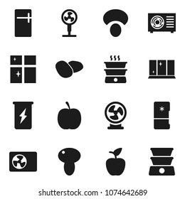Flat vector icon set - shining window vector, mushroom, potato, apple fruit, diet, enegry drink, ari condition, fridge, fan, double boiler