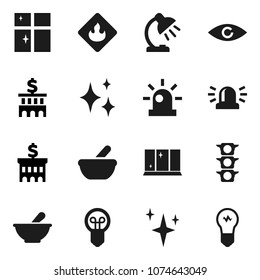 Flat vector icon set - shining vector, window, table lamp, bank building, traffic light, flammable, eye, mortar, siren, bulb